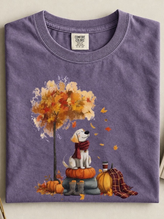 Comfort Colors Tops - Comfort Colors Lavender Dog Pumpkin and Tree Fall Season Vibe Graphic Tee